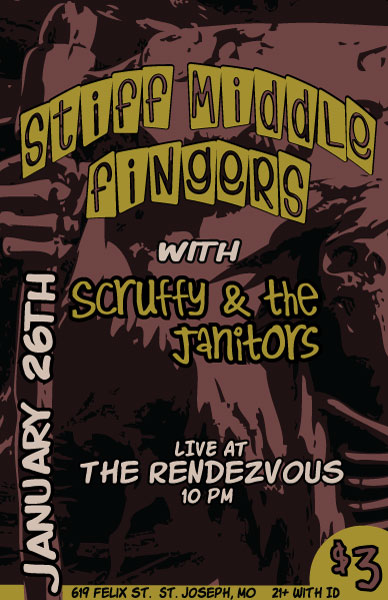 Stiff Middle Fingers / Scruffy & The Janitors concert poster by Vocals On Top.