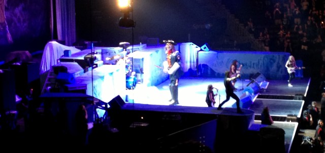 A giant robotic Eddie comes out on stage to try to get members of Iron Maiden at The Sprint Center in Kansas City on 9/8/13.