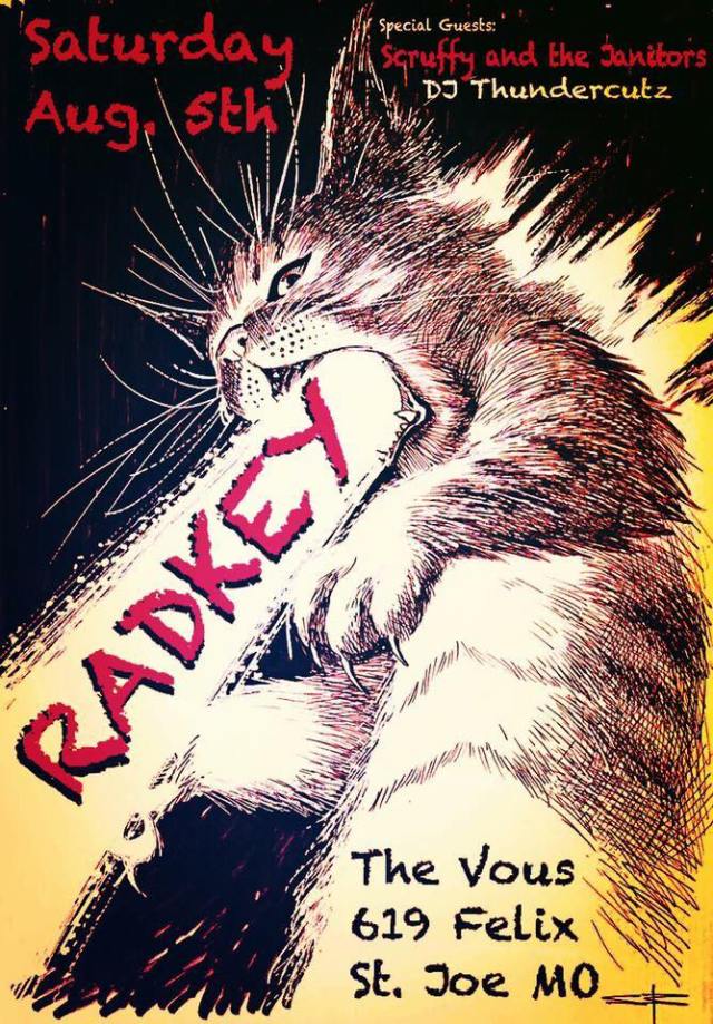 Radkey and Scruffy & The Janitors show poster for their show on 8/5/17 at The Vous in St. Joseph, Missouri.