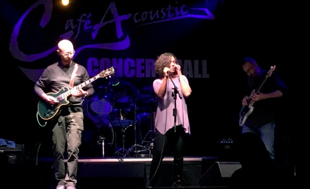 The GasTown Lamps play live, breaking a long hiatus on 3/2/18 at Cafe Acoustic in St. Joseph, Missouri. (Left to right) Todd Ward on guitar, Jason Baines on drums, Kyla Ward on vocals and Stephen Williamson on bass.